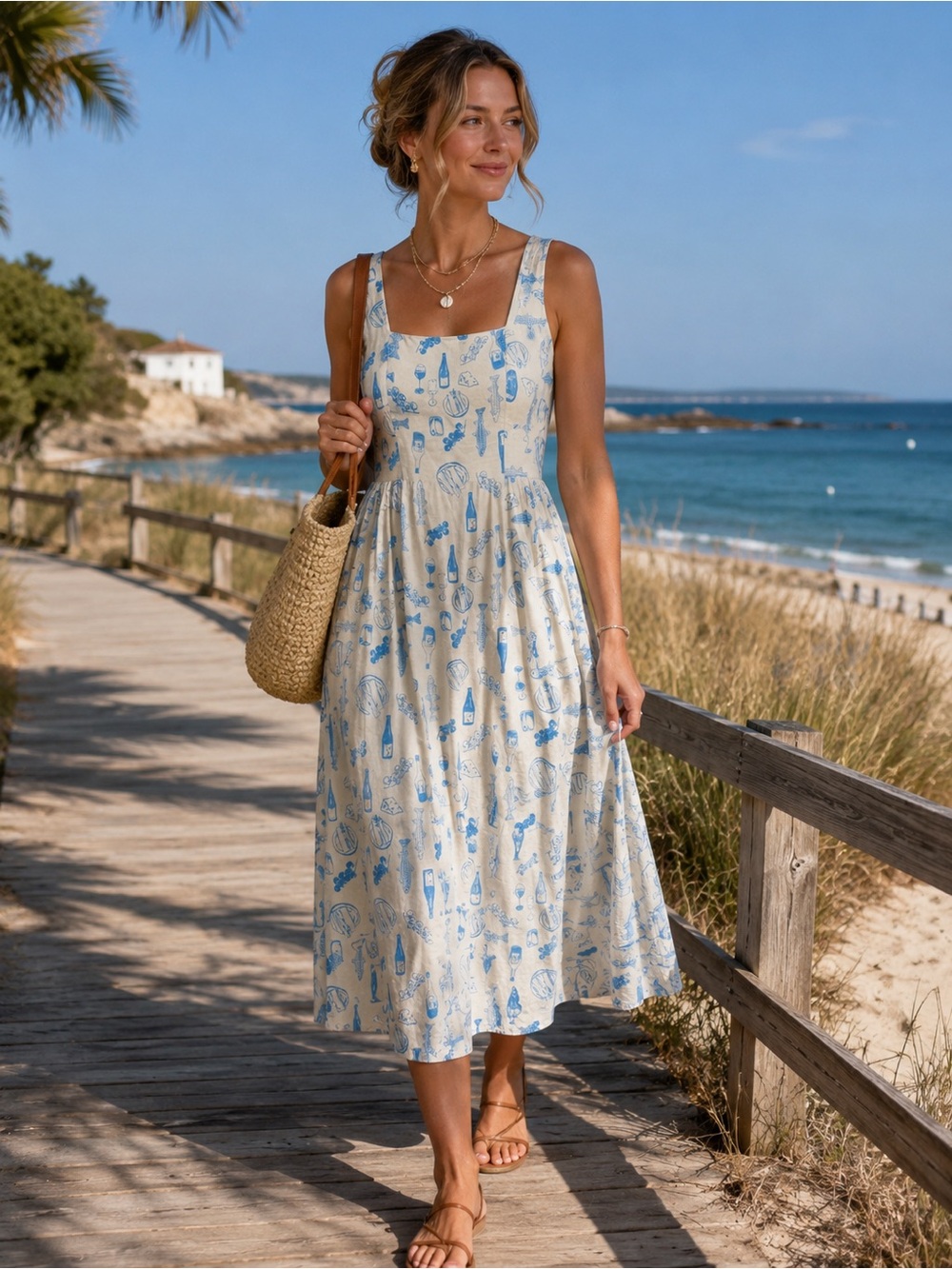 Cynthia Rowley Linen Blend Coastal Novelty Whimsical Summer Midi Dress Size 10